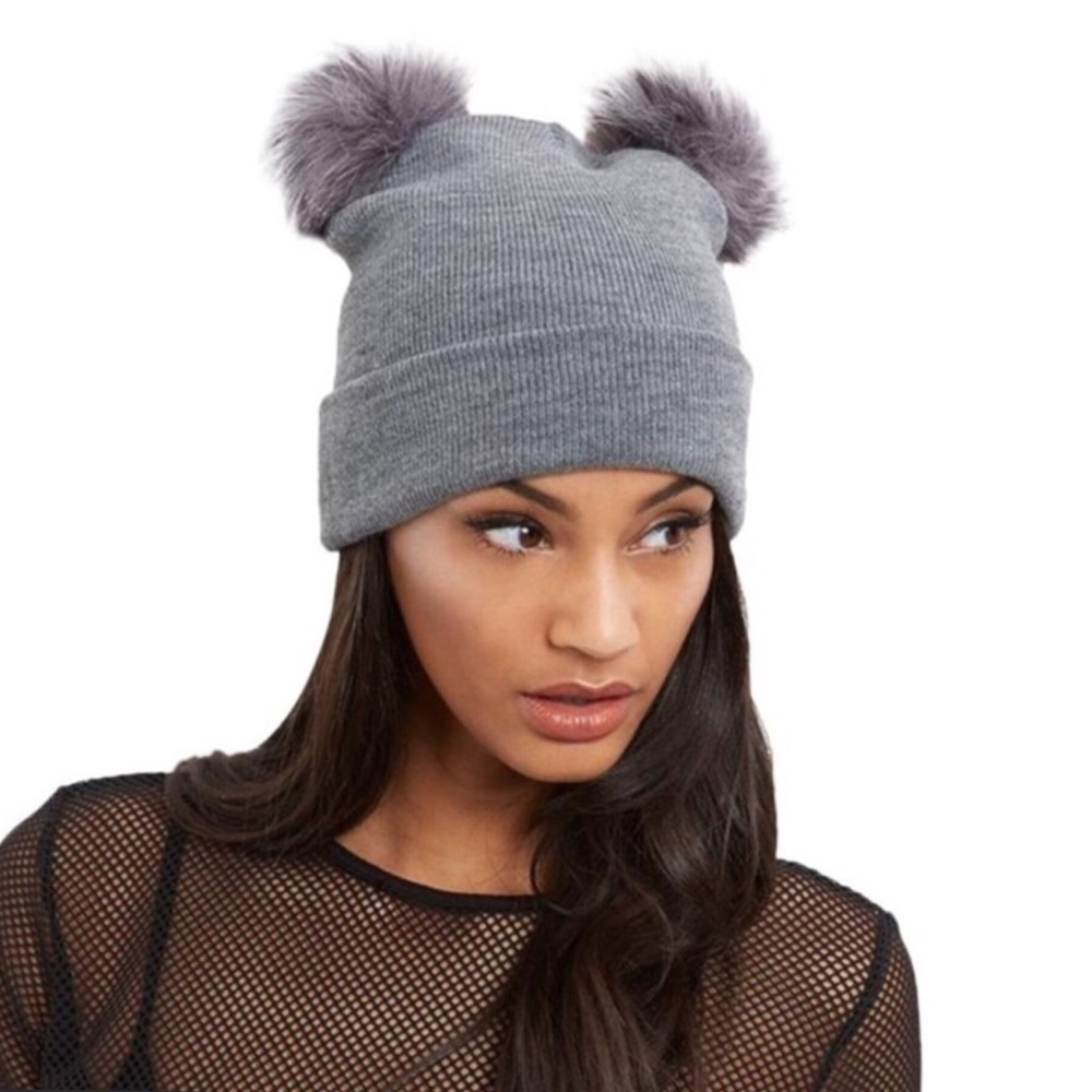 Warm Knitted Beanie with Double Faux Fur Pom Pom - Picture 3 of 8